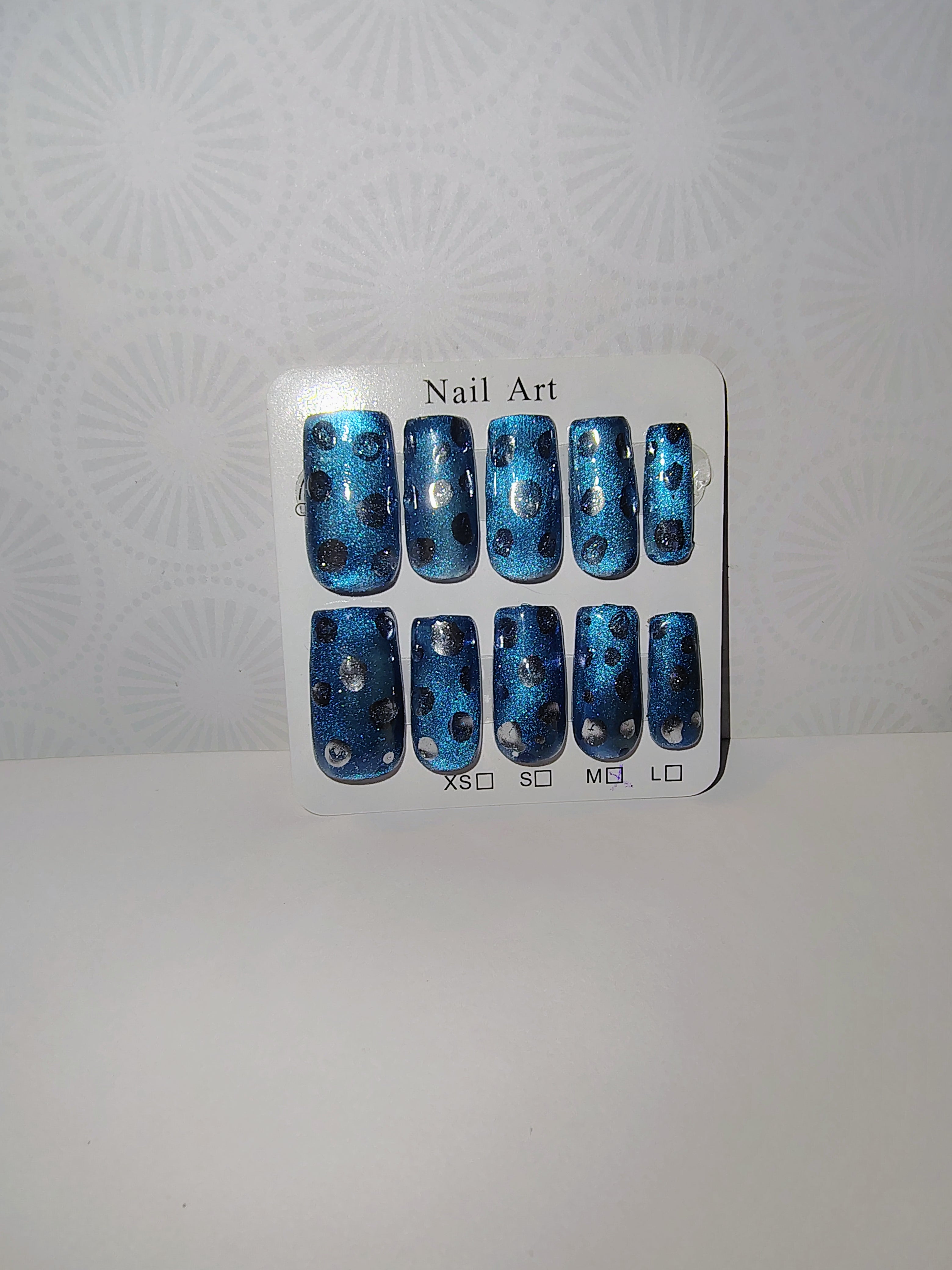 Silver Chrome Polka Dots Blue Cat Eye Press-On Nails